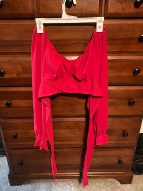 Women’s Red Long Sleeve Crop Top with Tie Detail